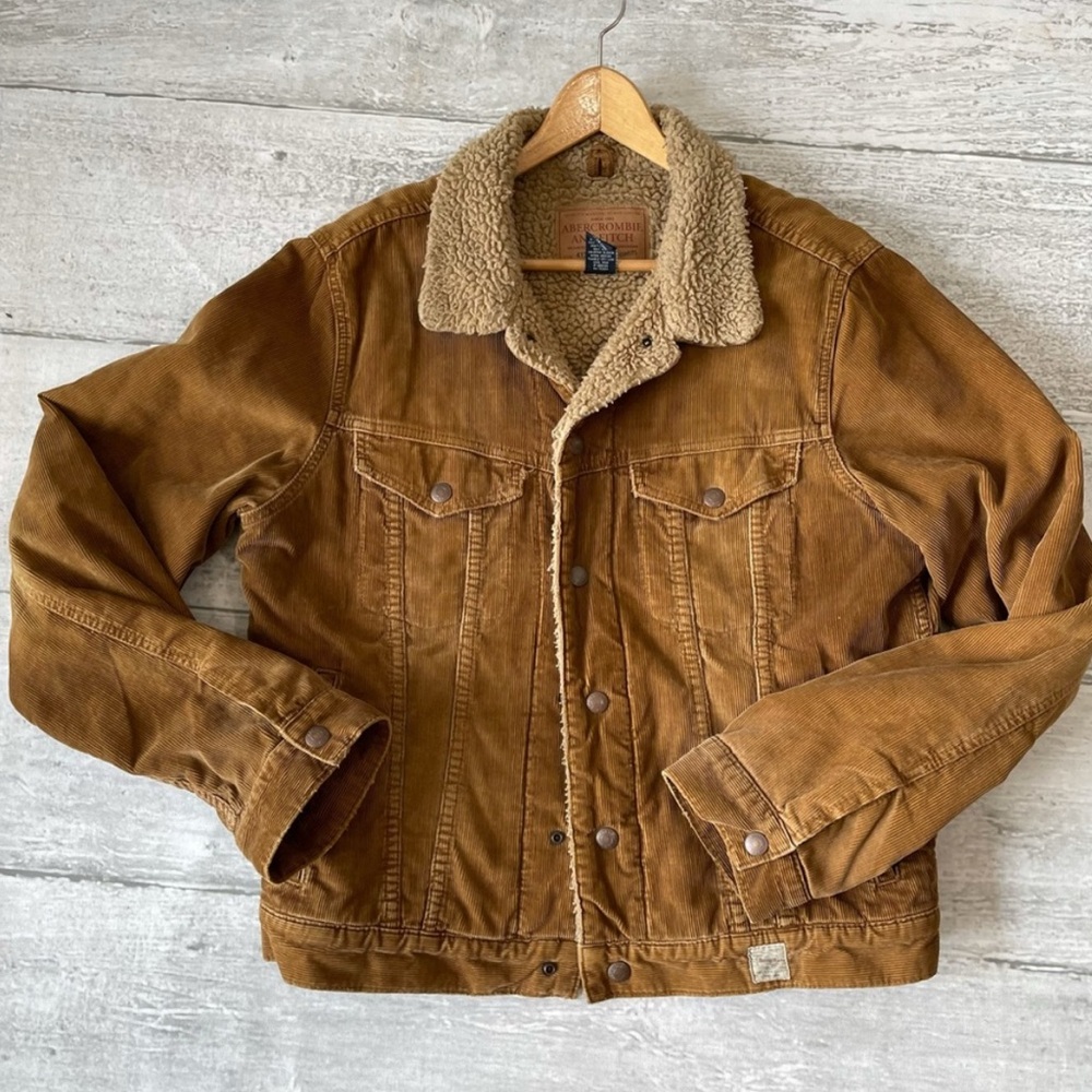 Vintage Abercrombie & Fitch Tan Brown Corduroy Trucker Jacket Sherpa Lined Coat